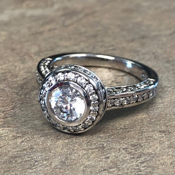 14K White Gold Round Bezel Halo Engagement Ring